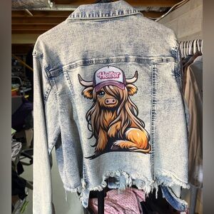 Custom pressed Black Label Faded Blue Denim Jacket Highland cow decal